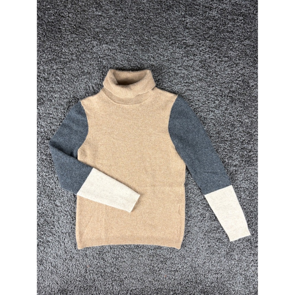 Morgan Taylor Cashmere Turtleneck Sweater Colorblock Tan Grey Cream Womens XS S